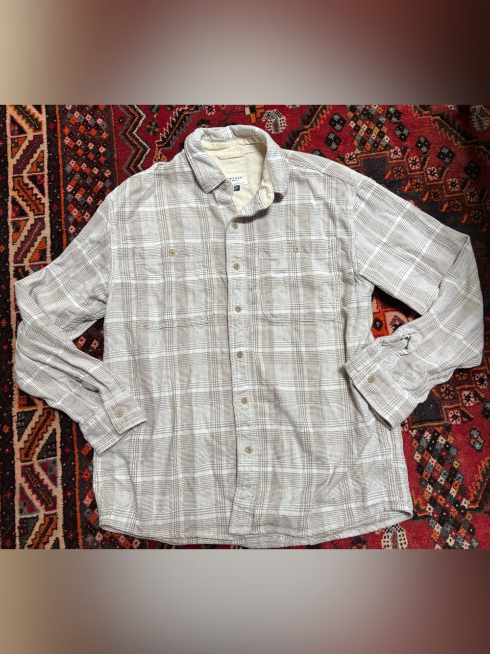 American Eagle Outfitters Beige Plaid Button-Up Shirt Linen Men’s Medium